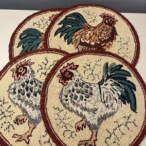 Vintage Set of 4 Tapestry Needlepoint Chicken/Rooster Chair Round Seat Covers